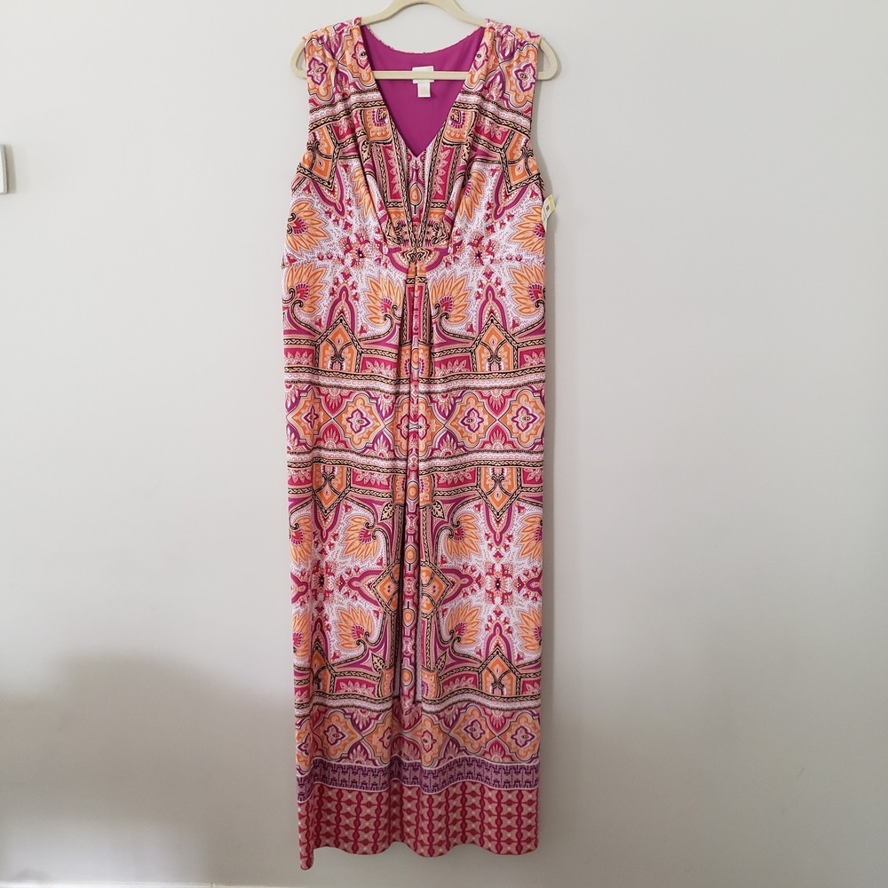 Chicos Boho Colorful Maxi Dress XL Stretchy Maximalist Resort Vacation V-Neck